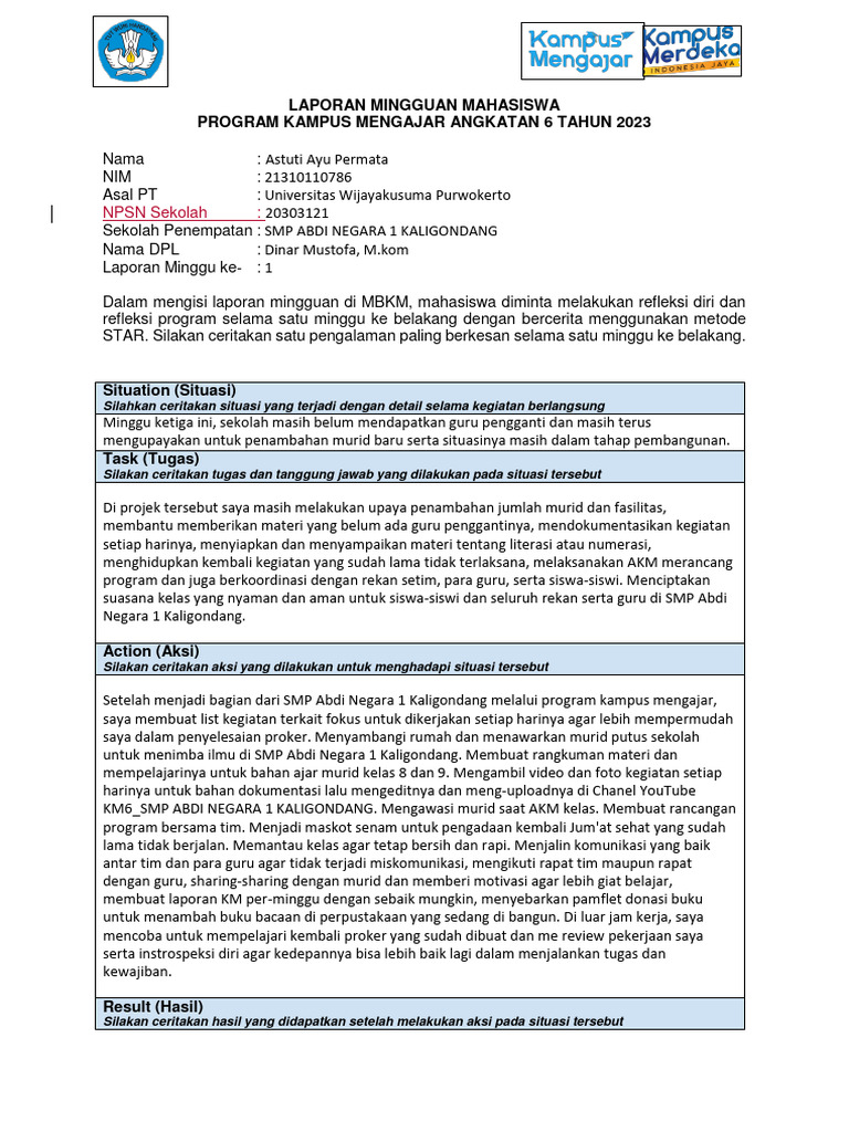 Format Laporan Mingguan Mahasiswa Pdf