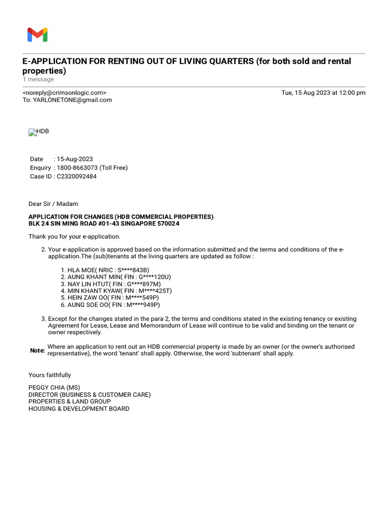 Gmail e application for renting out of living quarters for both sold
