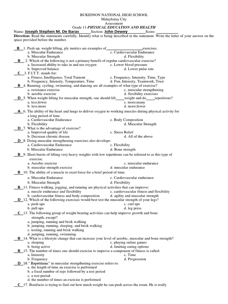 Pe H Summative Test Pdf Strength Training Physical Fitness