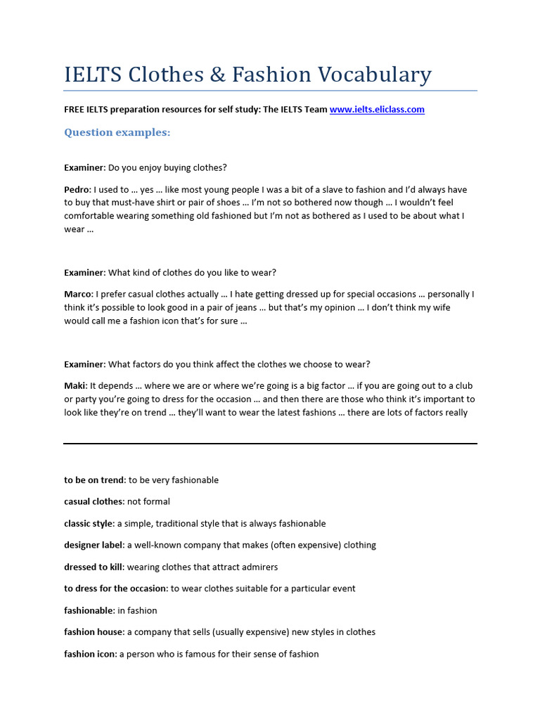 IELTS Fashion Vocabulary Guide | PDF | Fashion | Clothing