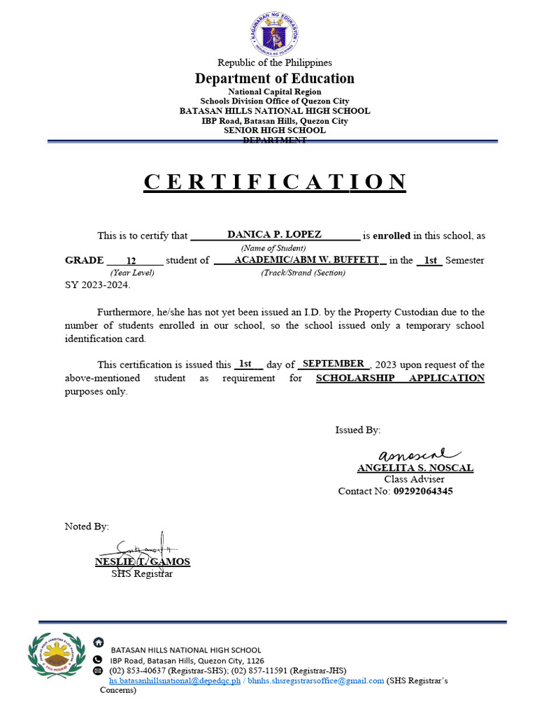 Senior High School Enrollment Cert | PDF
