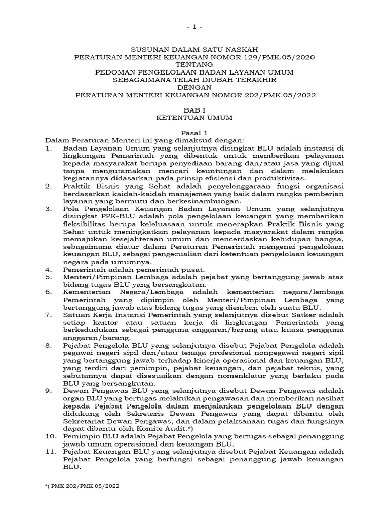 Susunan Dalam Satu Naskah - PMK 129-2020 Dan PMK 202-2022 BOOKMARKED | PDF