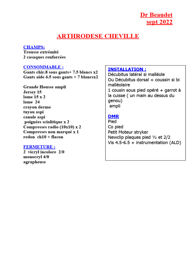 Matériel et installation arthrodèse cheville PDF — free download