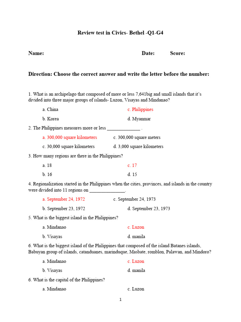 Review Test in Civics Bethel G4 Q1 Answer Key | PDF