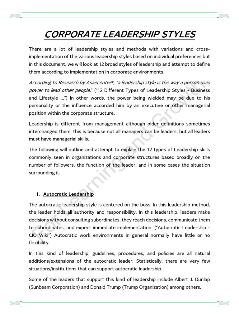 Overview of Corporate Leadership Styles | PDF