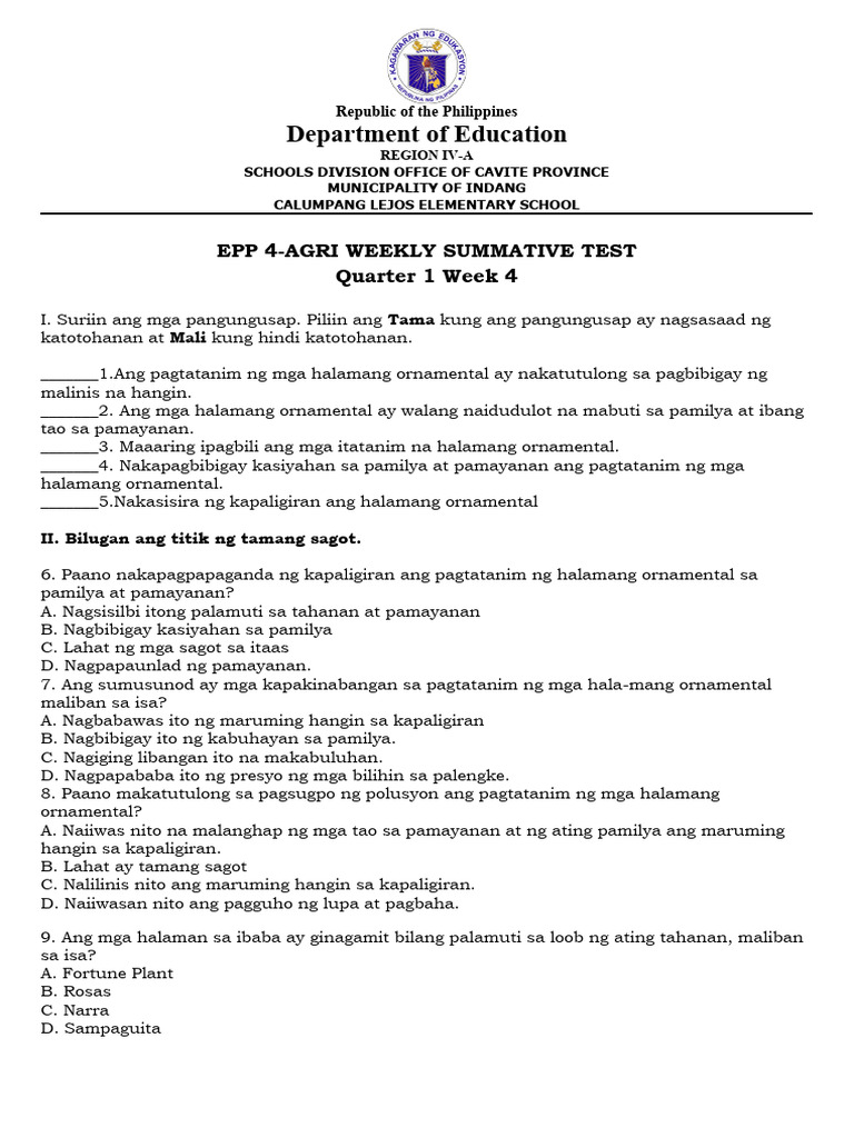 EPP4 Q1 Week 4 Summative Test | PDF