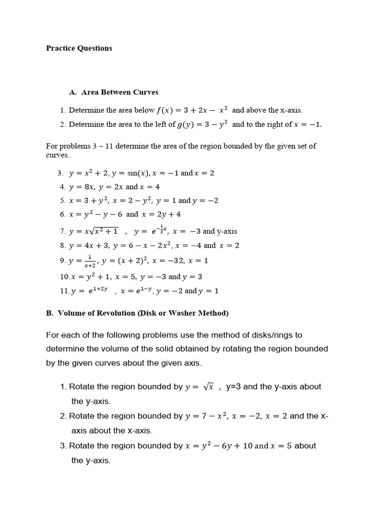 Volume and Area Between Curves Practice | PDF