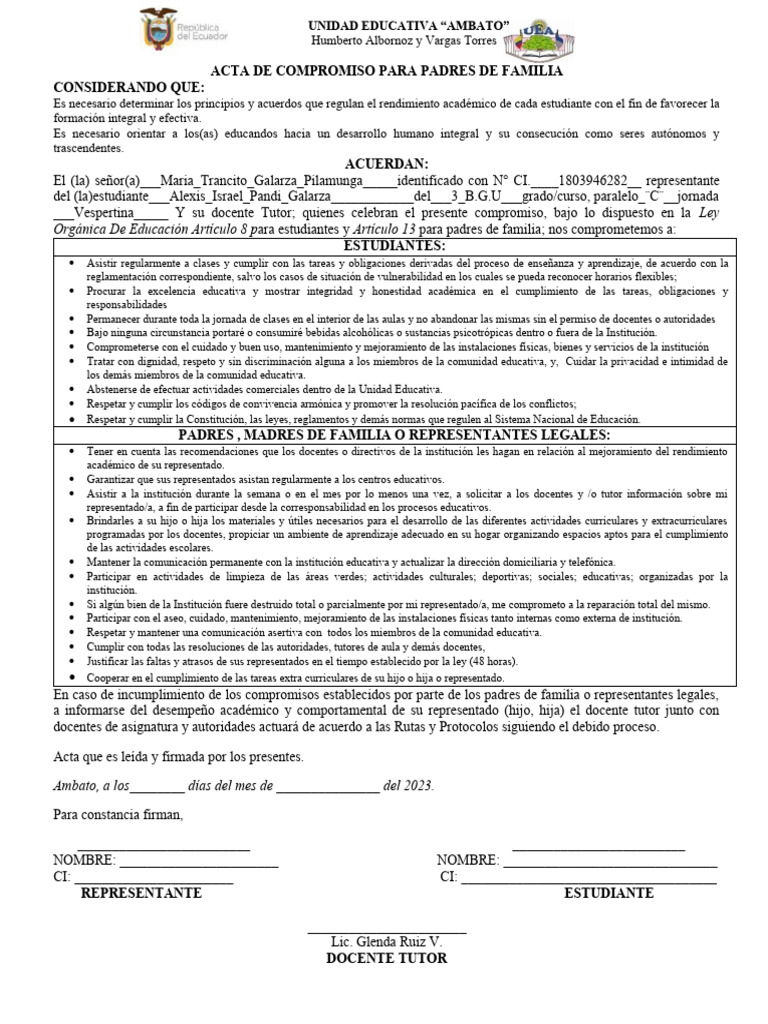 Formato Acta de Compromiso para Padres de Familia | PDF | Enseñando ...