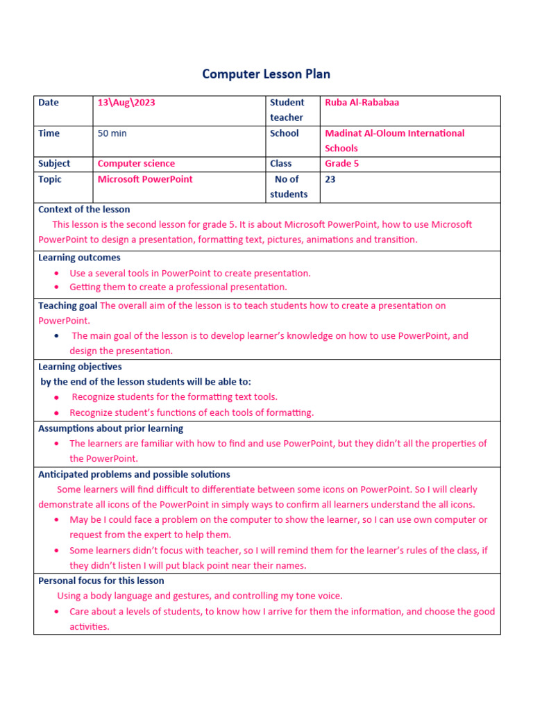 Computer Lesson Plan | PDF