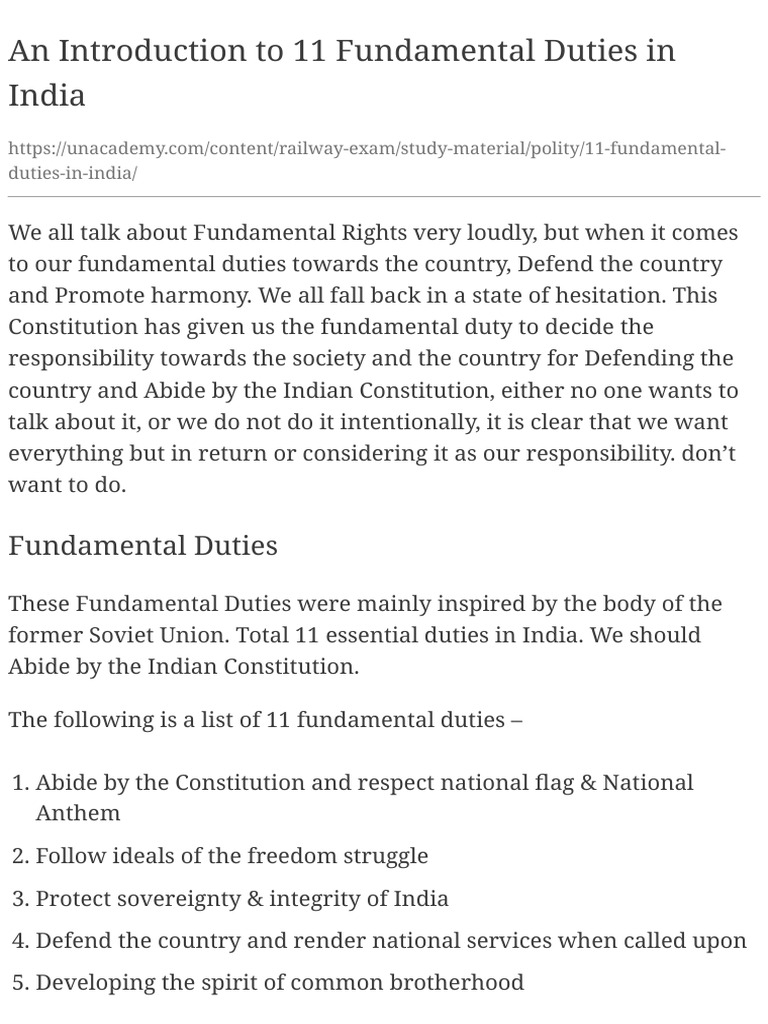 An Introduction To 11 Fundamental Duties in India+ | PDF | Government ...