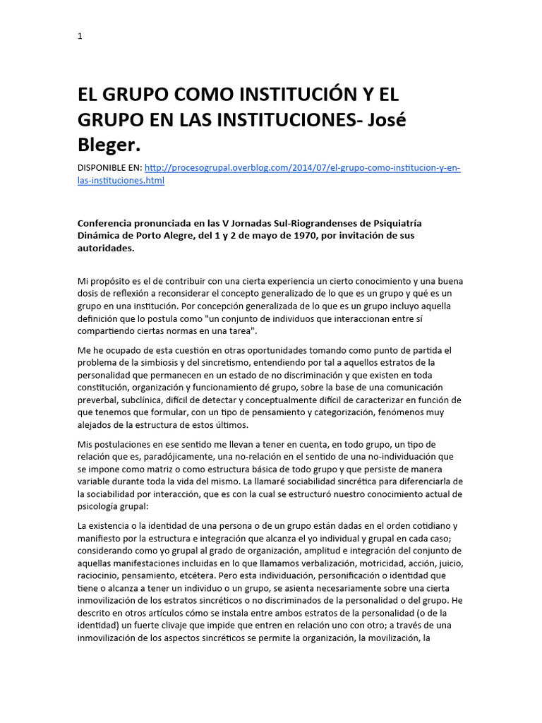 Grupos e Instituciones: Reflexiones de Bleger | PDF | Socialización ...