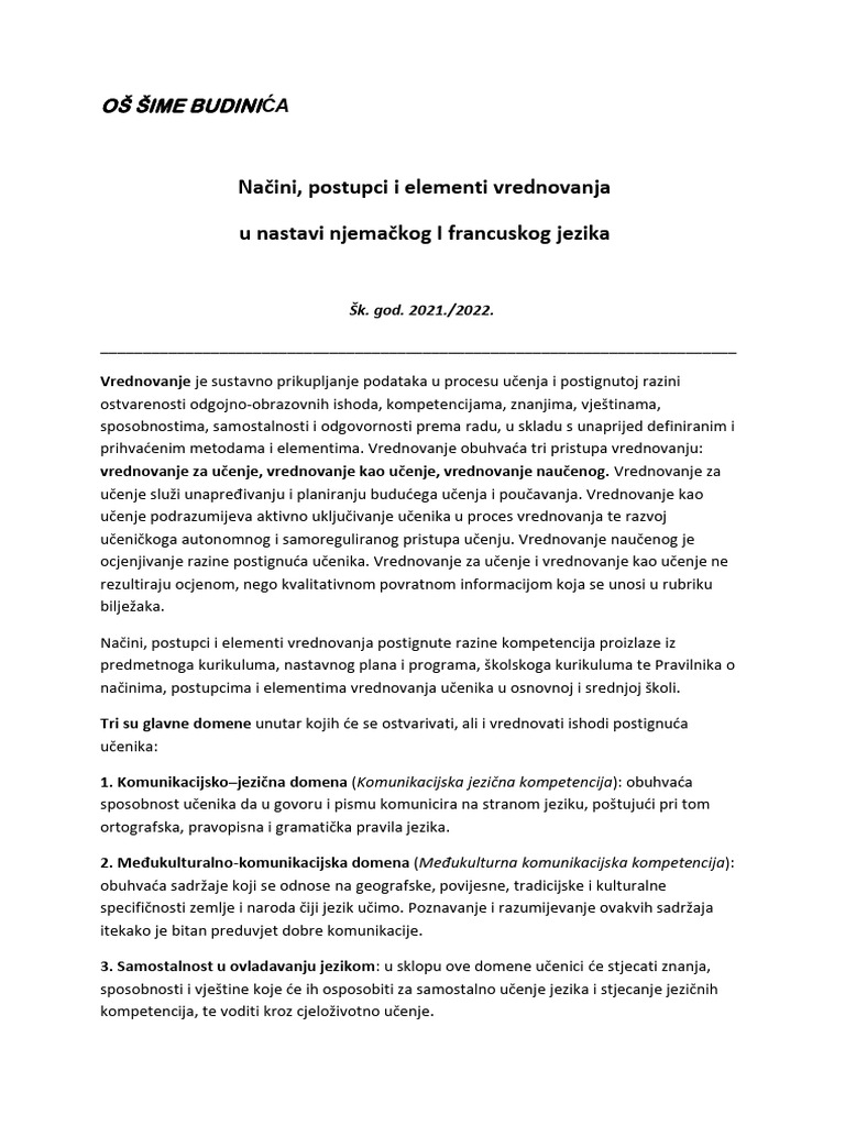 Nacini, Postupci I Elementi Vrednovanja U Nastavi Njemackog I ...