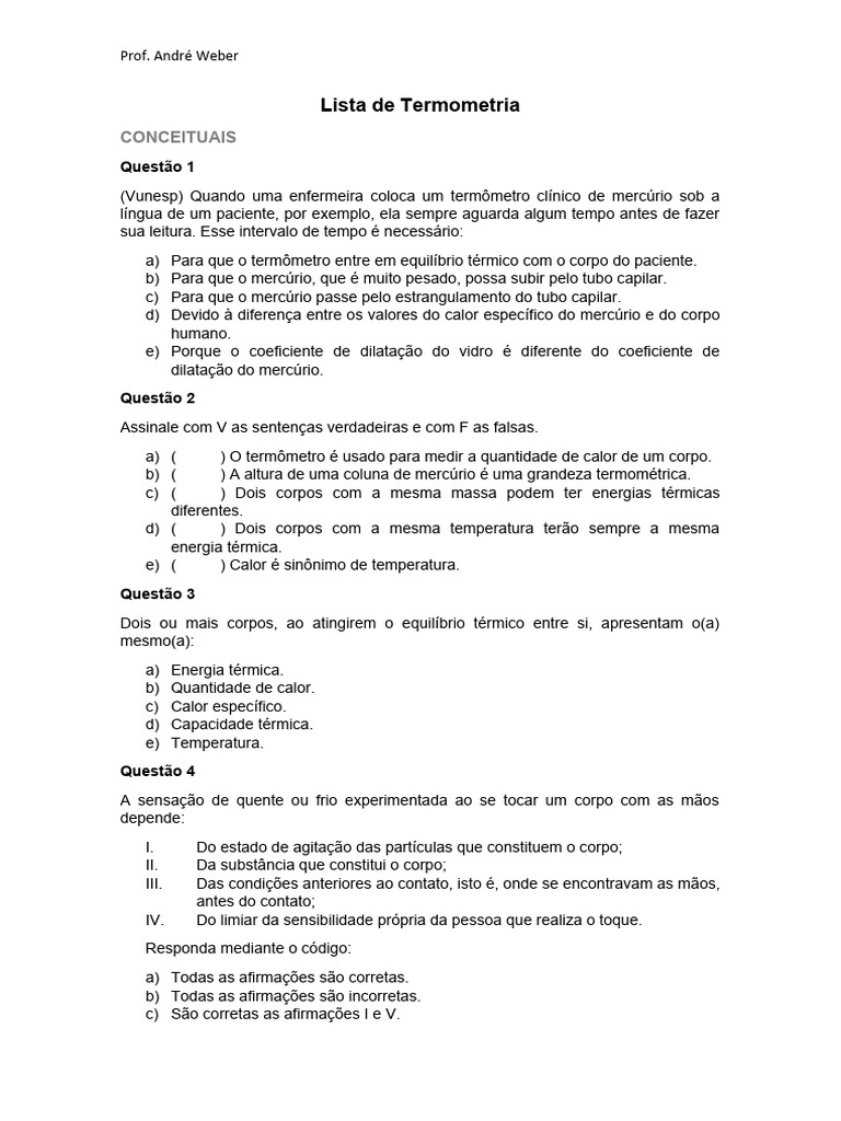 Lista de Exercícios de Termometria | PDF | Celsius | Calor