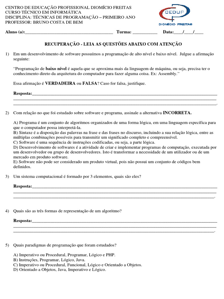 Técnicas de Programação: Recuperação 1º Ano | PDF | Programas | Algoritmos