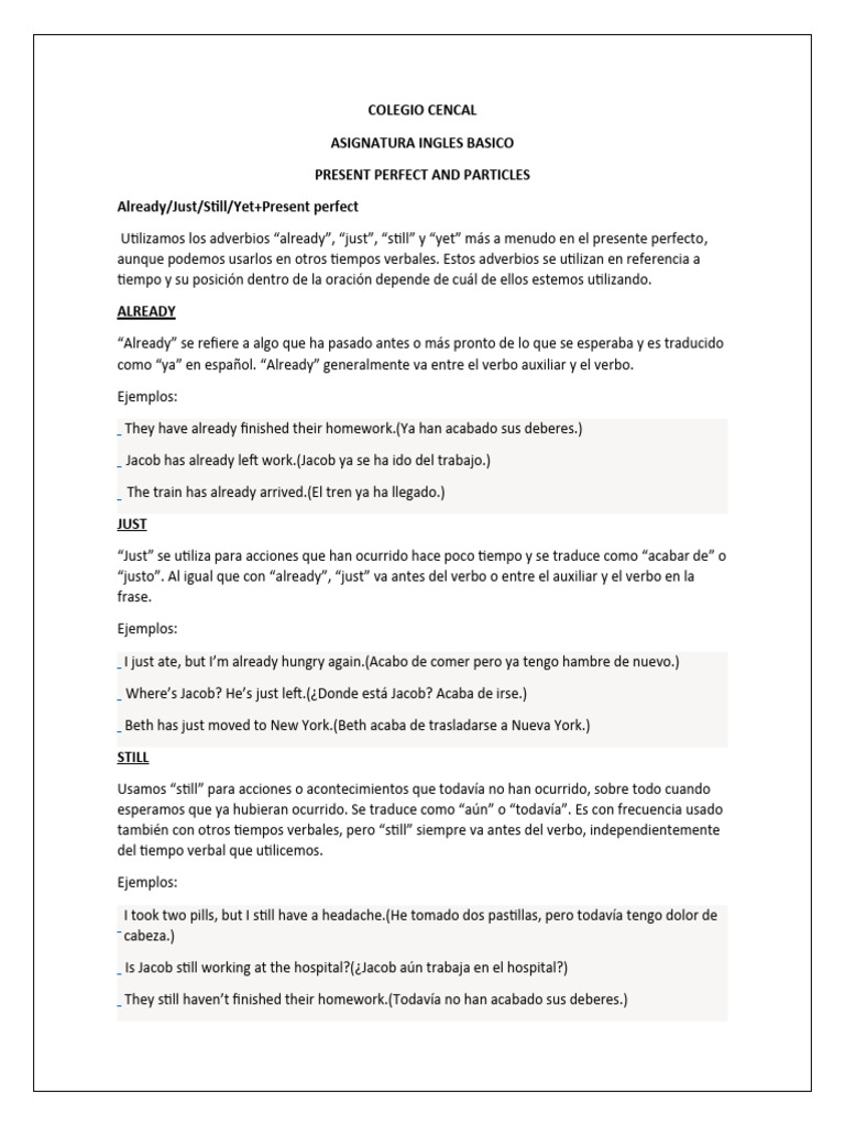 Uso de "Already", "Just", "Still" y "Yet" | PDF | Verbo | Relaciones ...