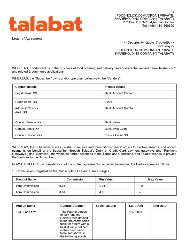 Talabat Vendor Registration Agreement | PDF | Finance & Money Management