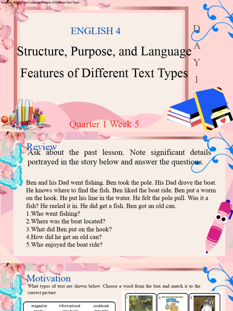 English 4: Structure, Purpose, and Language Features of Different Text ...