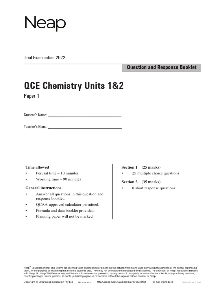 QCE Chemistry Units 1&2 Paper 1 Question and Response Booklet 2022 | PDF