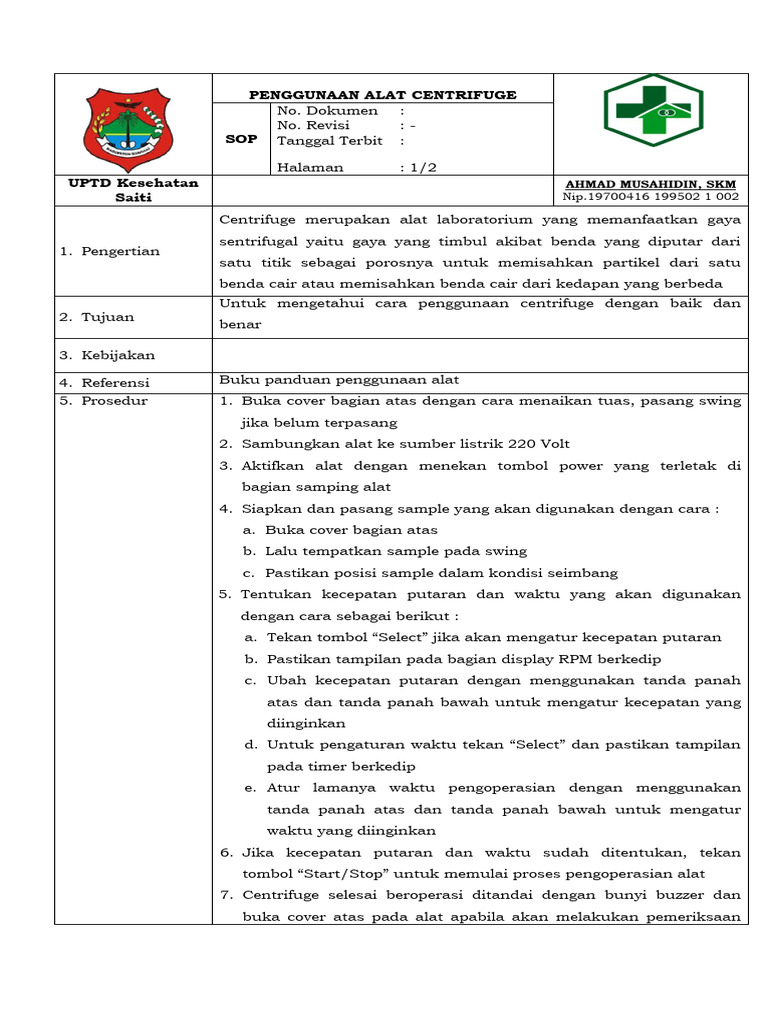 Sop Penggunaan Alat Centrifuge PDF