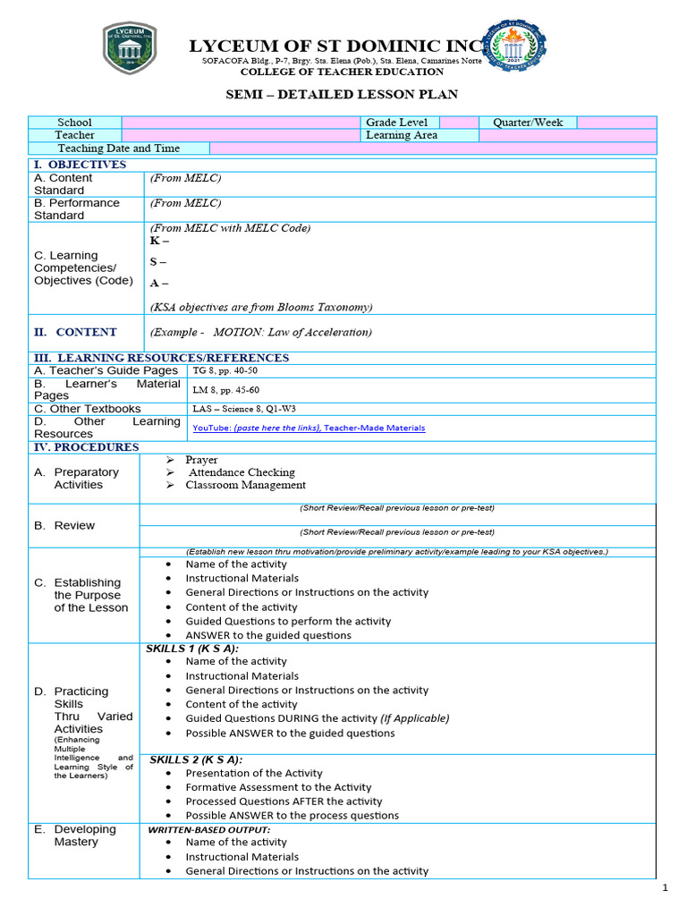 Semi detailed daily lesson plan sample pdf