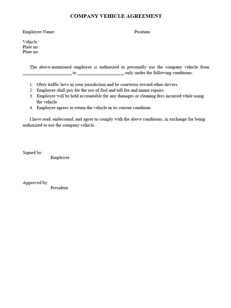 Company Vehicle Use Agreement Form | PDF