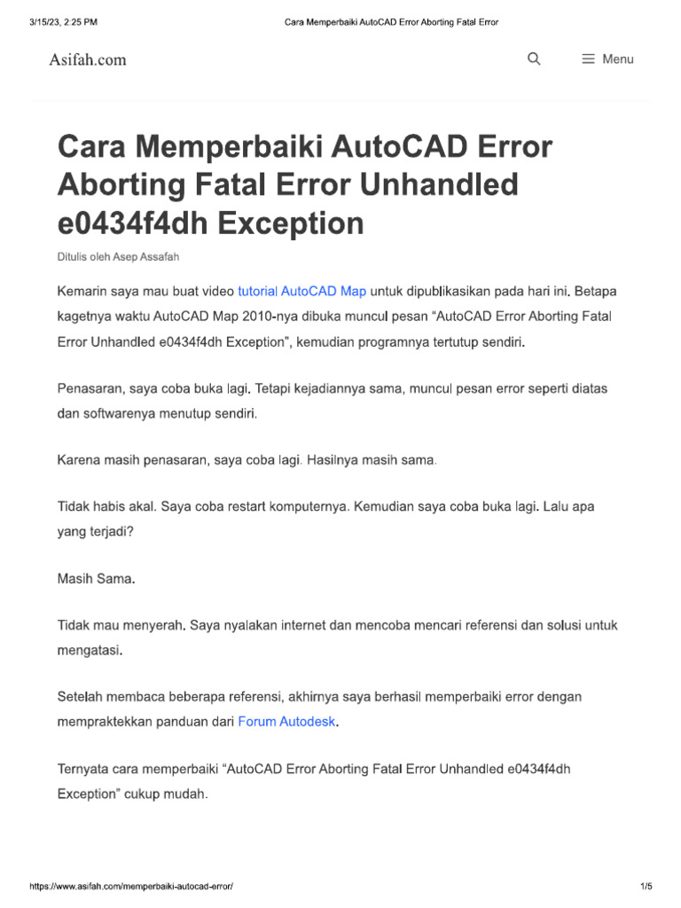 Cara Memperbaiki AutoCAD Error Aborting Fatal Error Unhandled E0434f4dh ...