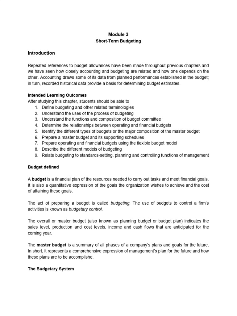 MODULE 1 Shortterm Budgeting PDF Deferral Investing