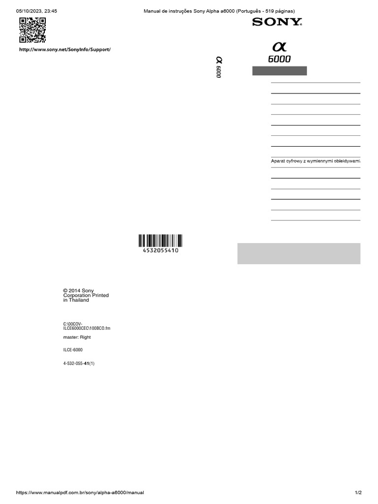 Manual de instruções Sony Alpha a6000 (Português 519 páginas) PDF