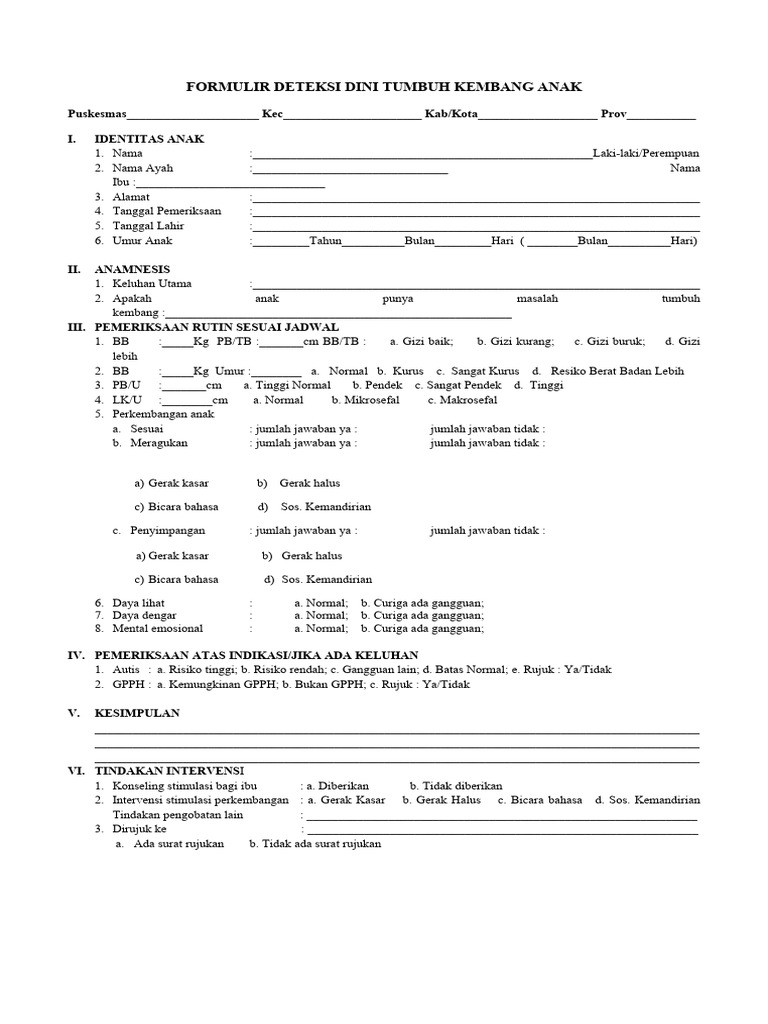 Formulir Deteksi Dini Tumbuh Kembang Anak Pdf