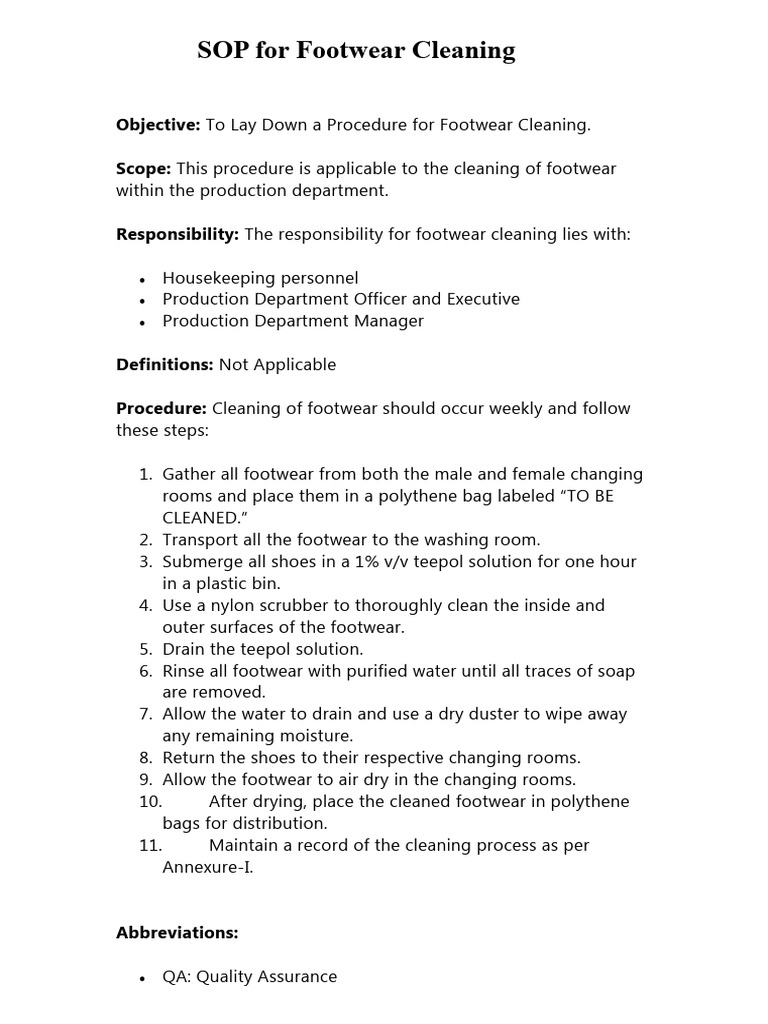 SOP For Footwear Cleaning | PDF