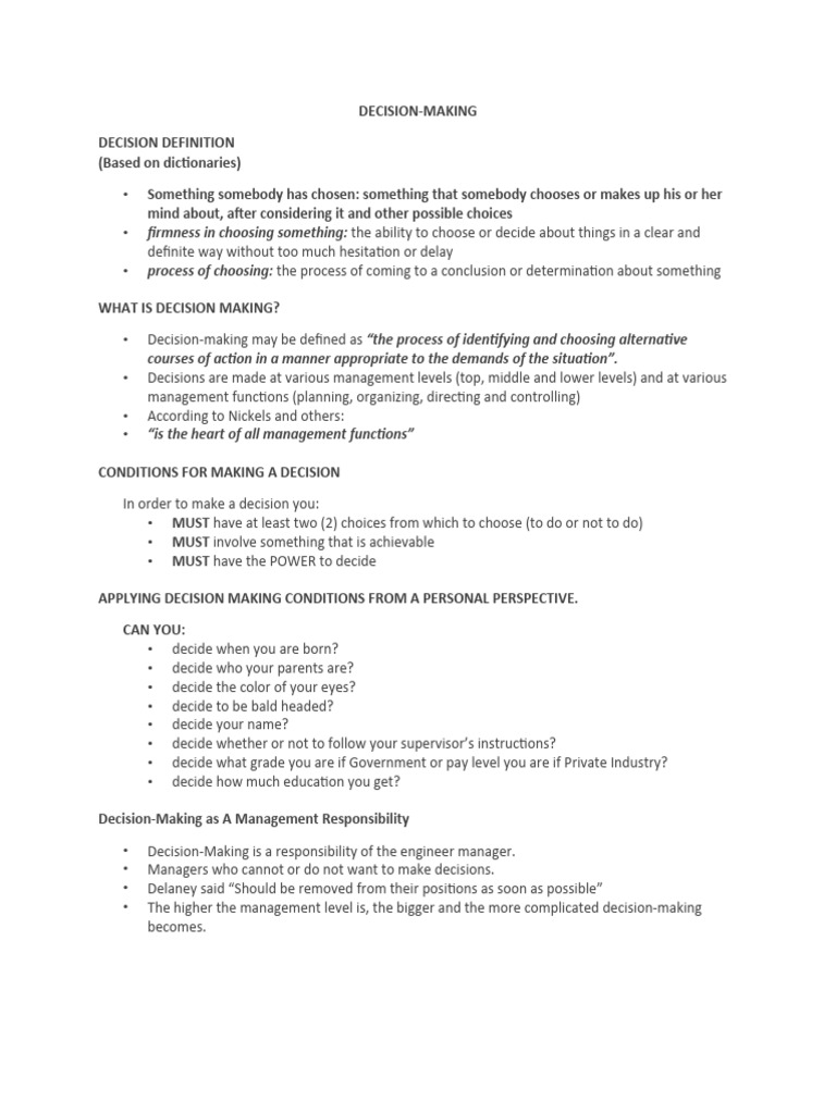 Decision Making Decision Definition Base PDF