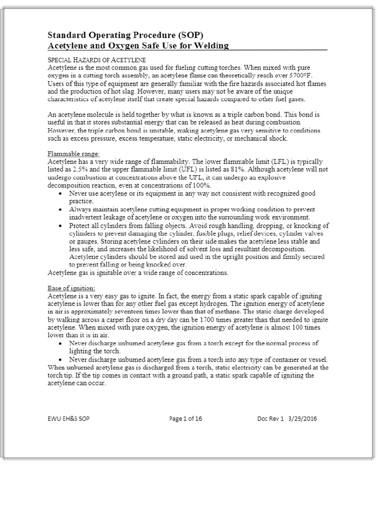 Standard Operating Procedure Sop Acetylene And Oxygen Safe Use For