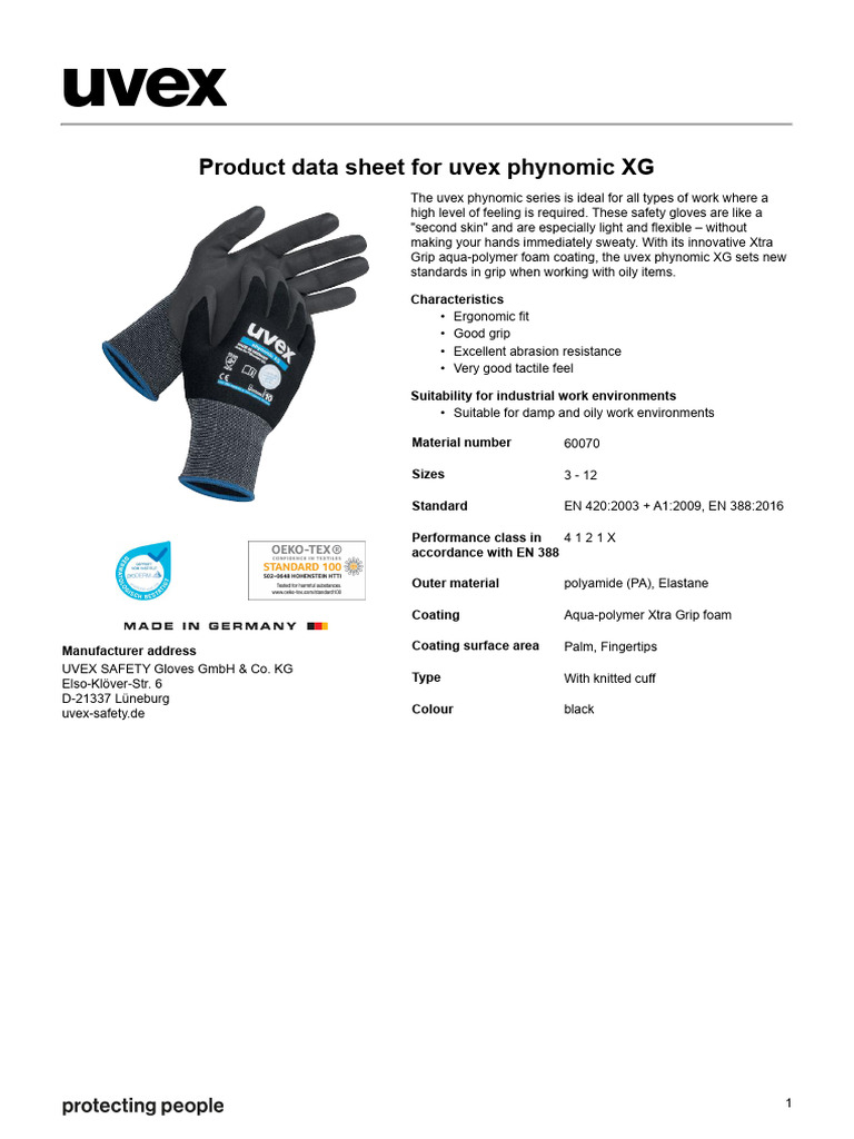 Gants De Sécurité Uvex Phynomic XG - Taille 8 - Noir - Prise Anti-dérapante - Pour Travail De Précision