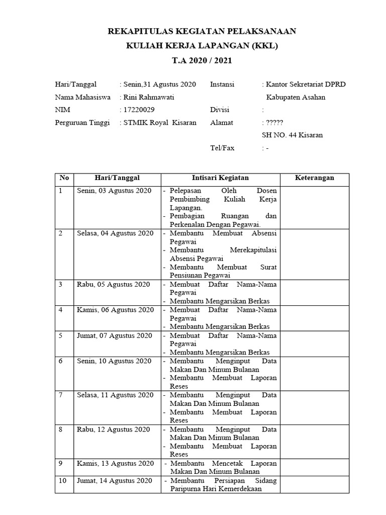 Rekapitulasi Kegiatan Pelaksanaan-Rini Rahmawati | PDF