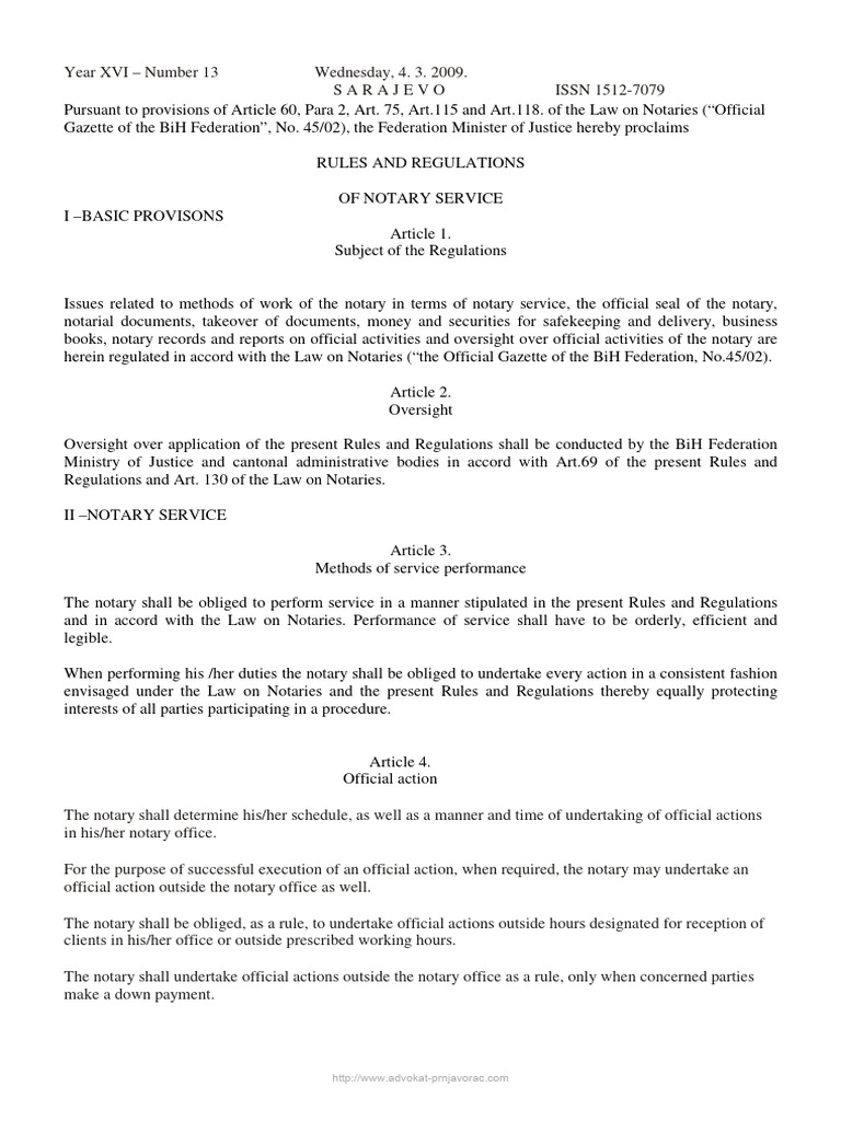 Rules and Regulations of Notary Service Federation BiH | PDF