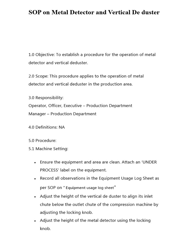 SOP On Metal Detector and Vertical Deduster PDF