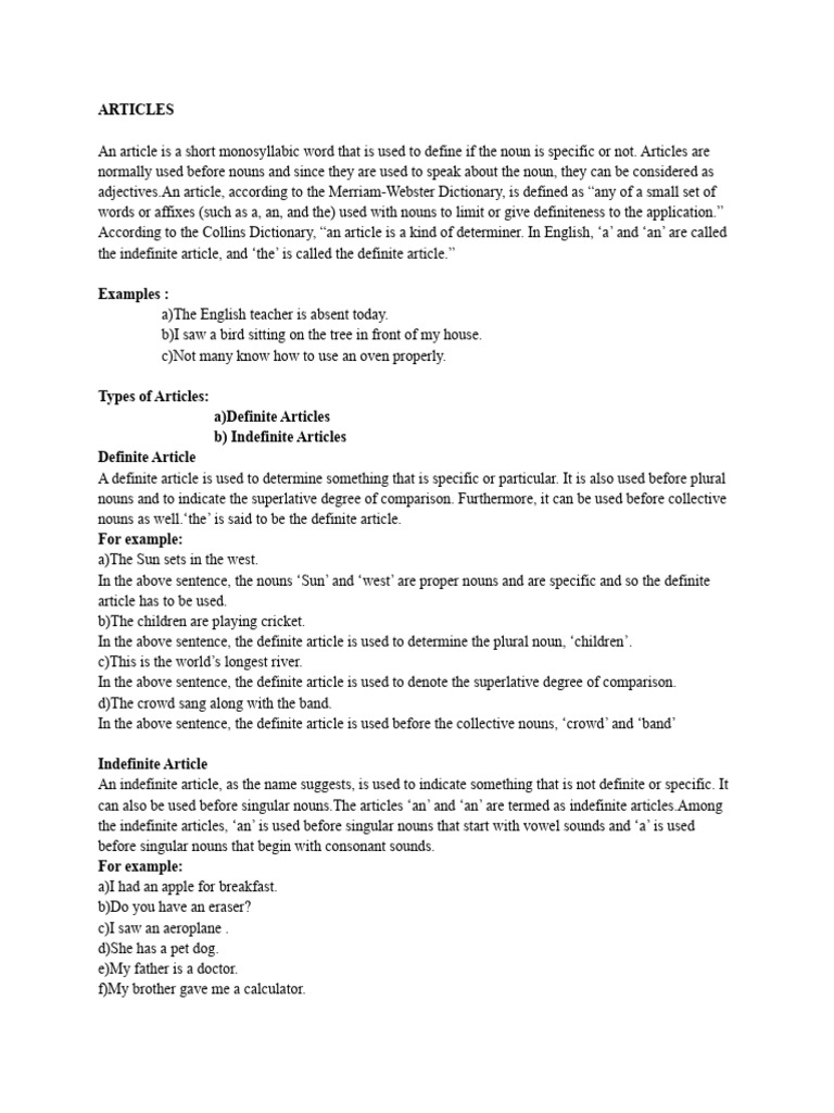 Articles (Grammar) - 1 | PDF