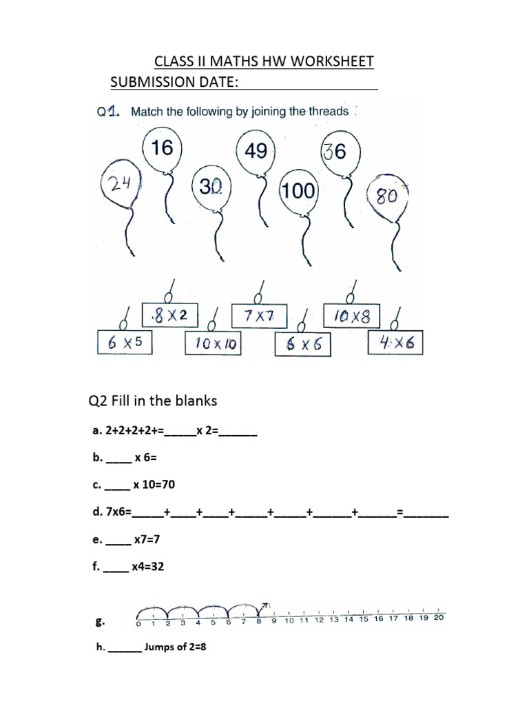 Class 2 Maths Multiplication Worksheet | PDF