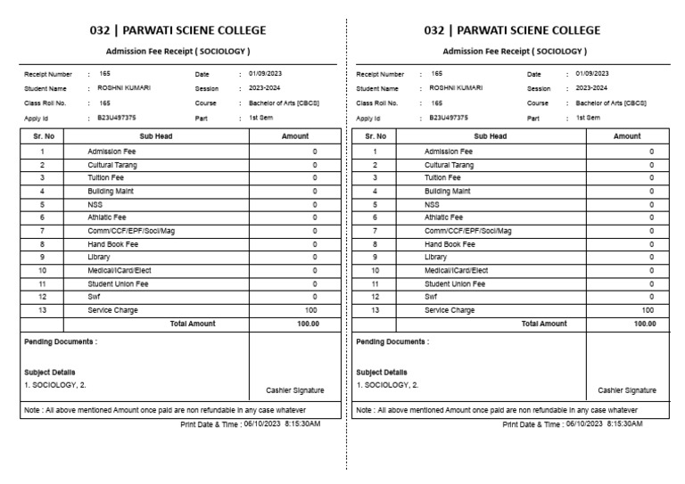 Admission Fee Receipt PDF