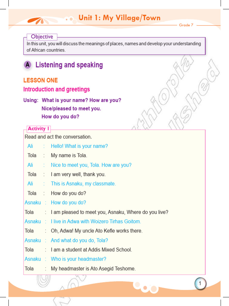 Grade 7 Unit 1 My Village Town Guide Pdf