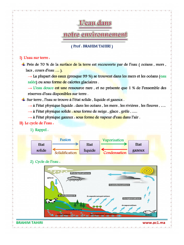 Le Cycle De L eau 6eme Evaluation L'eau (fr) Prof.TAHIRI (www.pc1.ma) (1) | PDF