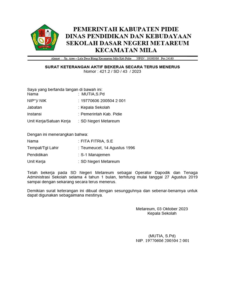 Surat Keterangan Aktif Bekerja Pada Instansi Pemerintah | PDF