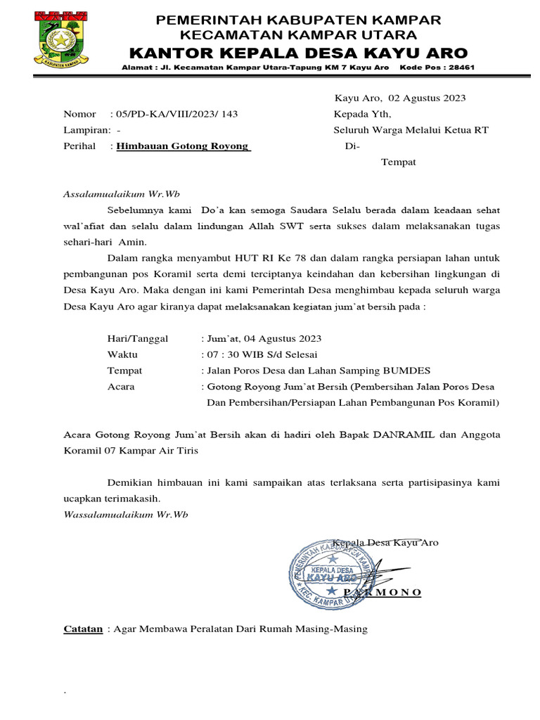 UNDANGAN Gotong Royong Warga Desa 02 Agustus 2023 (Jum'at Bersih) | PDF