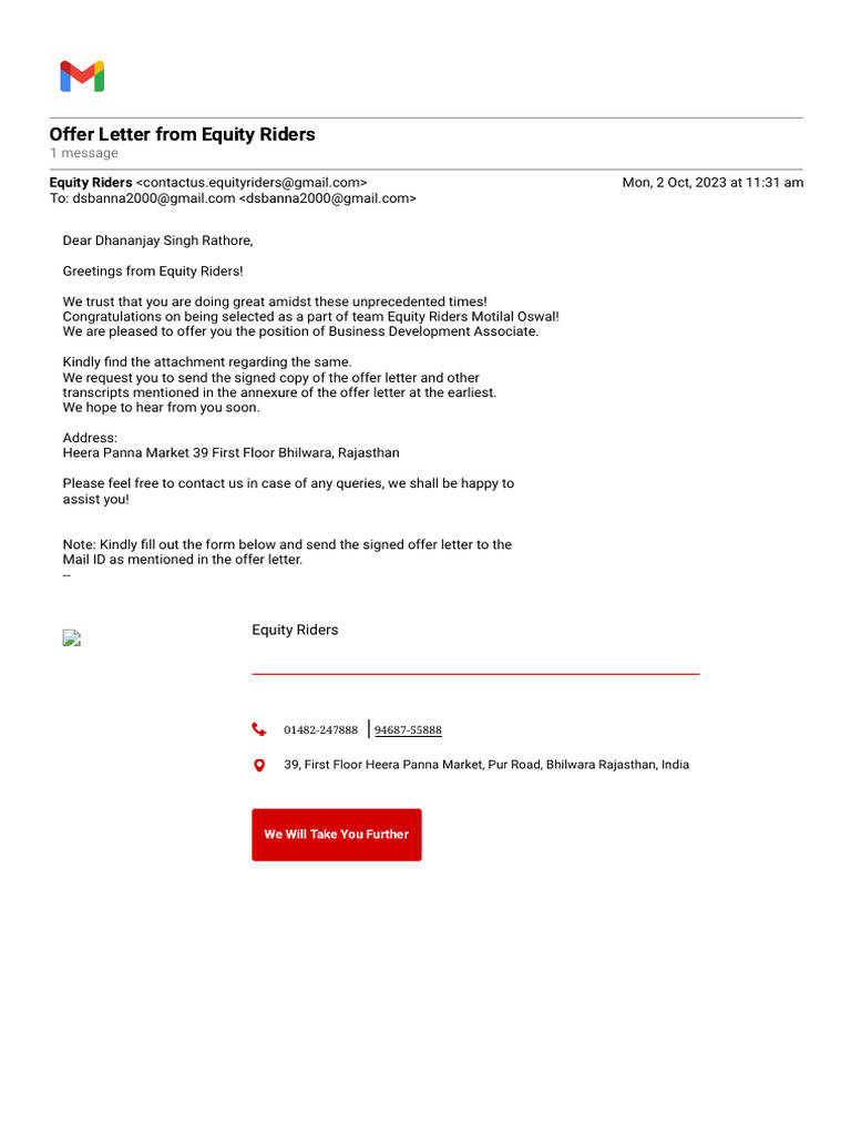Gmail offer letter from equity riders pdf