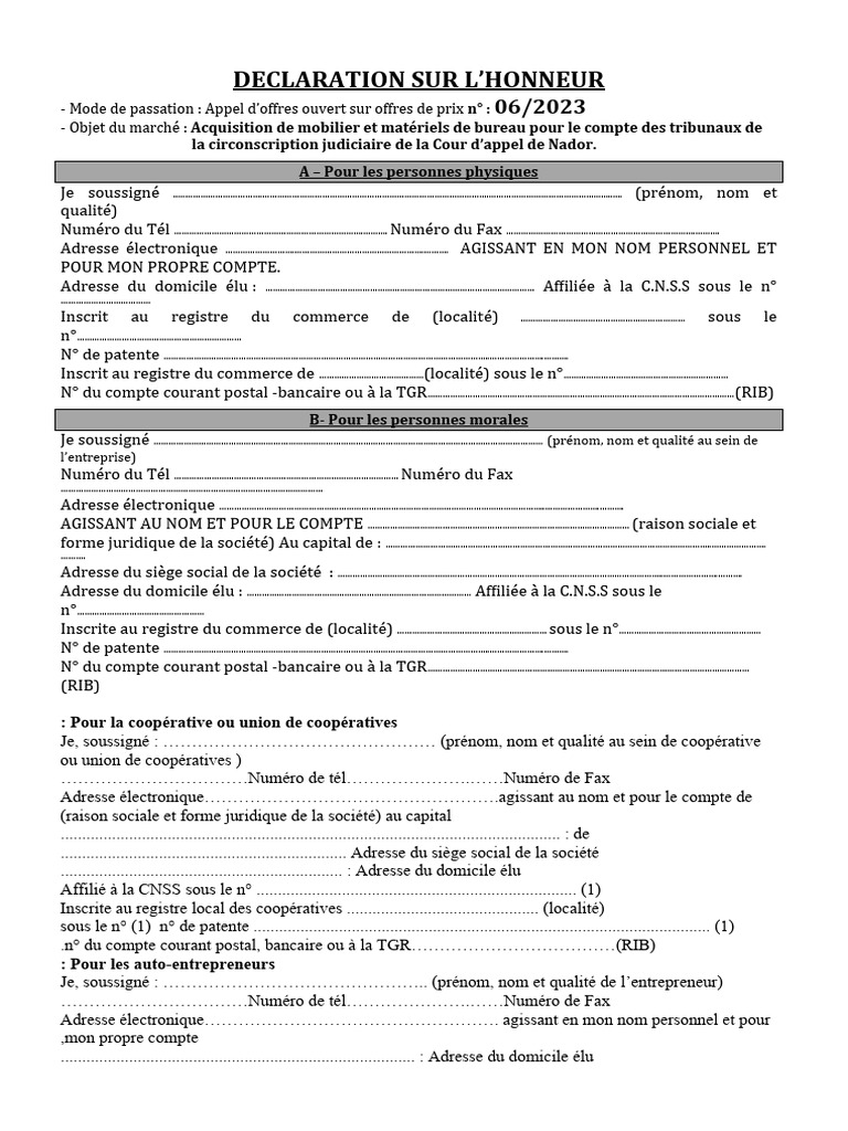 Declaration Sur L'honneur | PDF