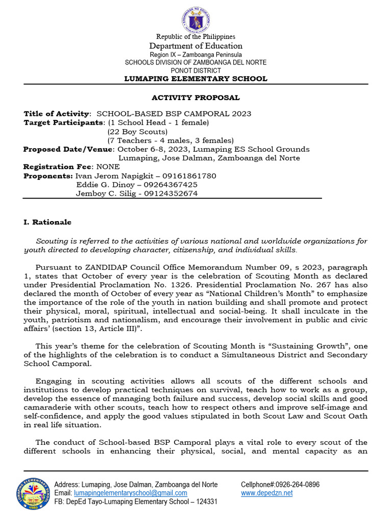 School-Based BSP Camporal 2023 Proposal | PDF | Scouting