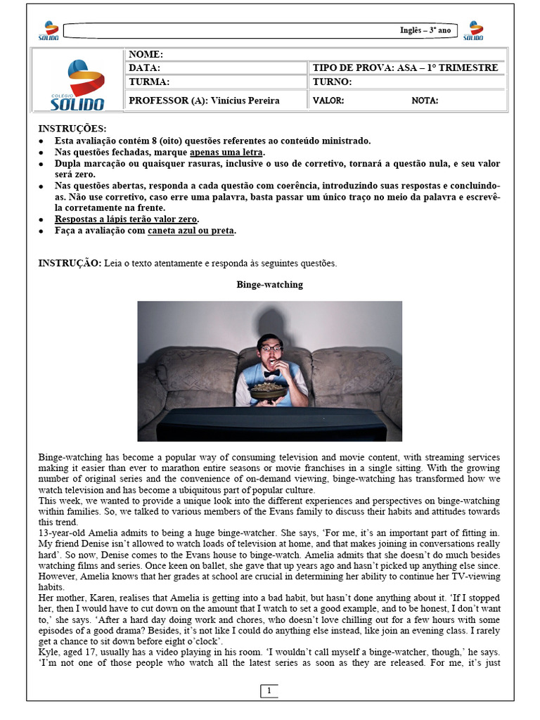 Asa 1 - Inglês - 3 Ano | PDF | Language Arts & Discipline
