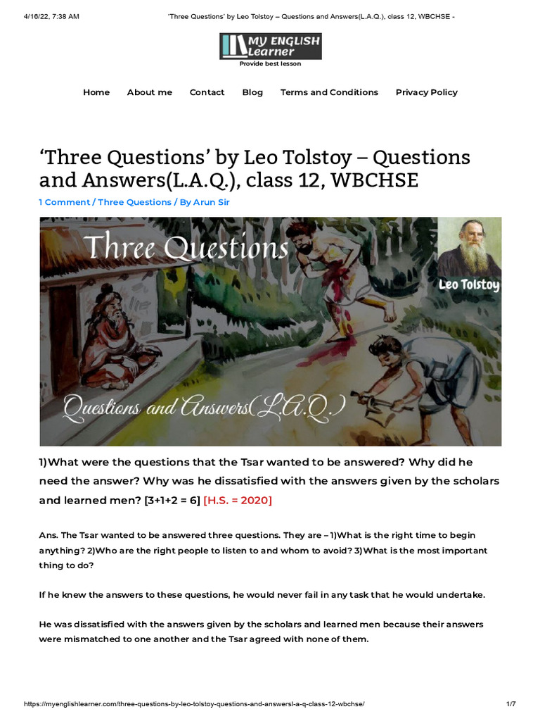 Three Questions' by Leo Tolstoy Questions and Answers (L.A.Q.), Class 12, WBCHSE PDF
