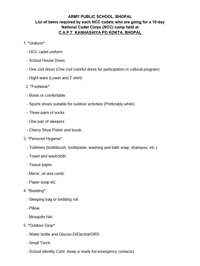 NCC Camp Requirements PDF