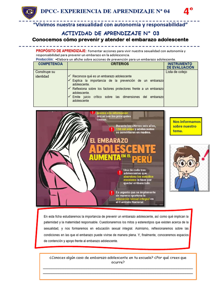 Ficha de Trabajo 3 EDA 4 DPCC | PDF | El embarazo | Adolescencia